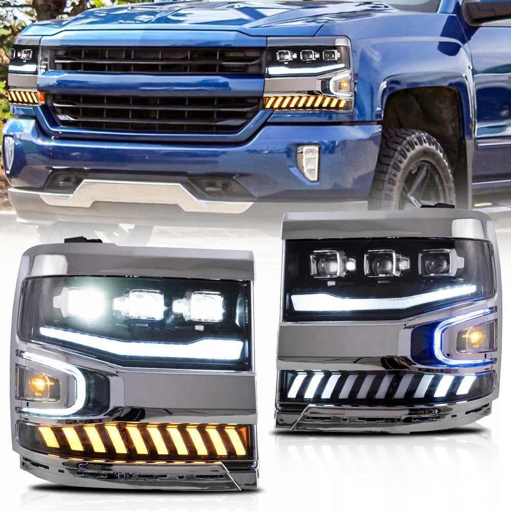 Frontlykter Chevrolet Silverado 16-19 full LED med tre linser, blå pickup bak.