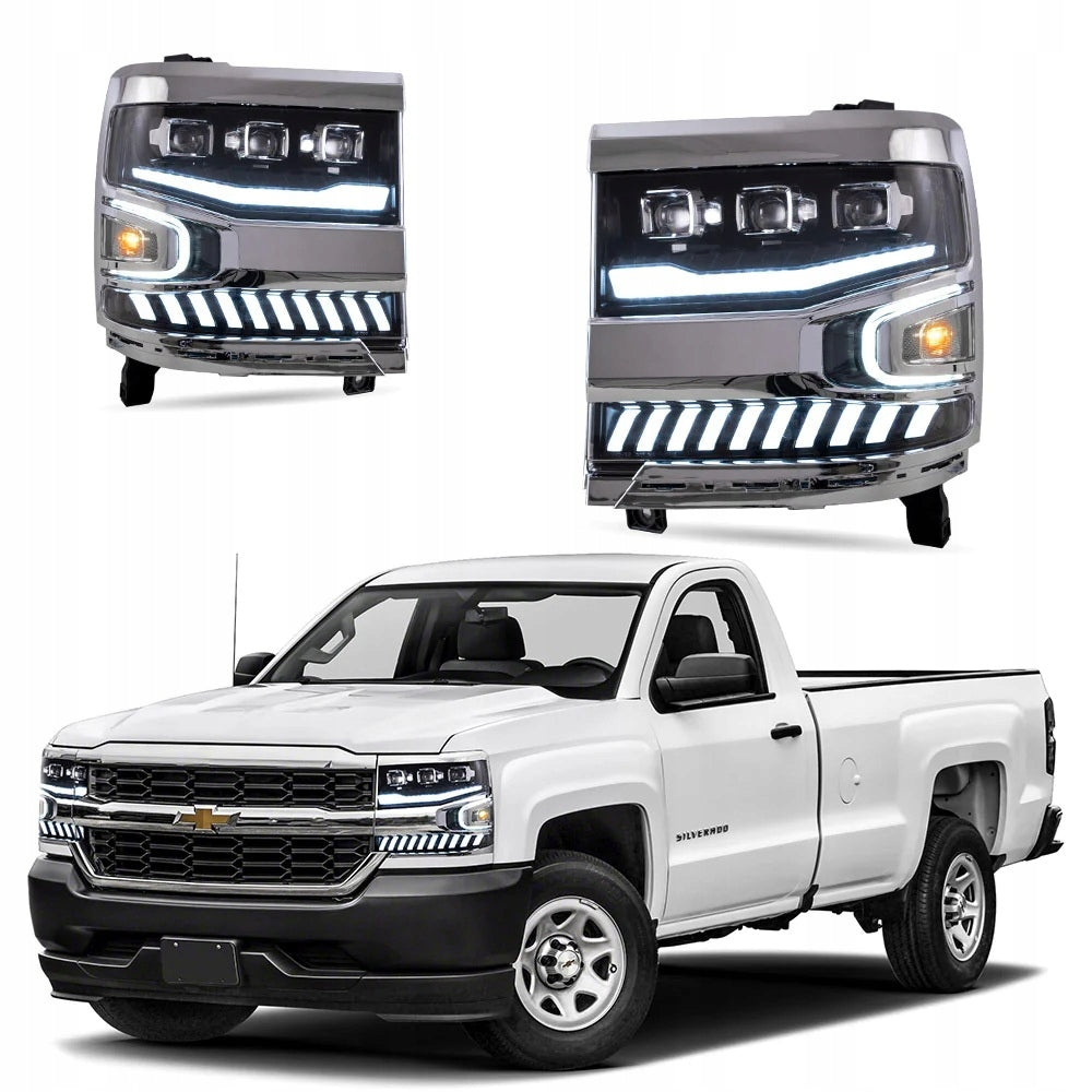 Hvit Silverado 1500 med Vland LED-frontlykter, par vist over.