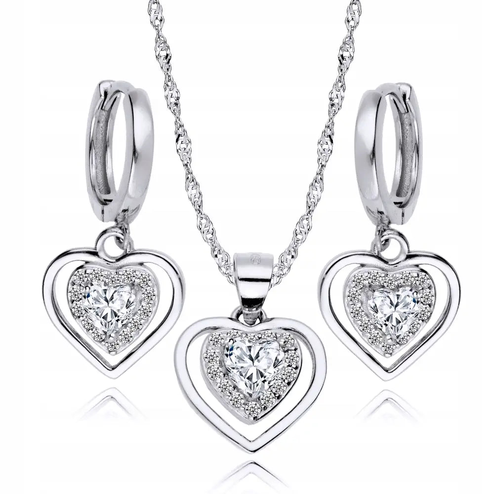 Sølvsett øredobber Og Halskjede Sølv 925 Diamant Hjerte Hjerter - 1
