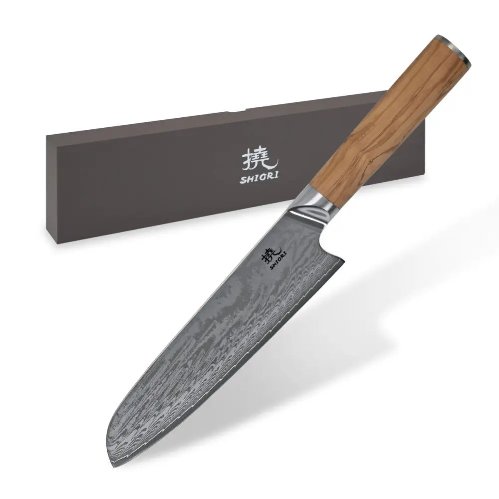 Stor Perfekt Balansert Shiori 撓 Orību Santoku Damaskstålkniv Premium Oliventre - 1