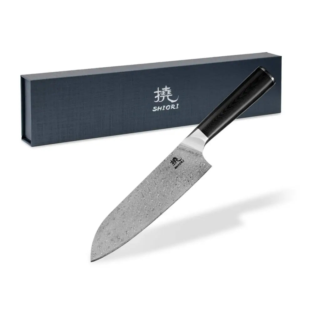 Stor Perfekt Balansert Shiori 撓 Yasashi-sa Santoku Damaskstålkniv G10-håndtak - 1