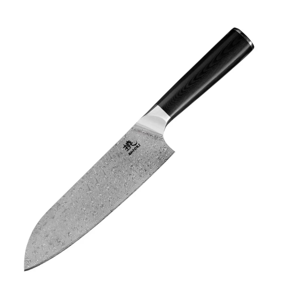 Stor Perfekt Balansert Shiori 撓 Yasashi-sa Santoku Damaskstålkniv G10-håndtak - 2