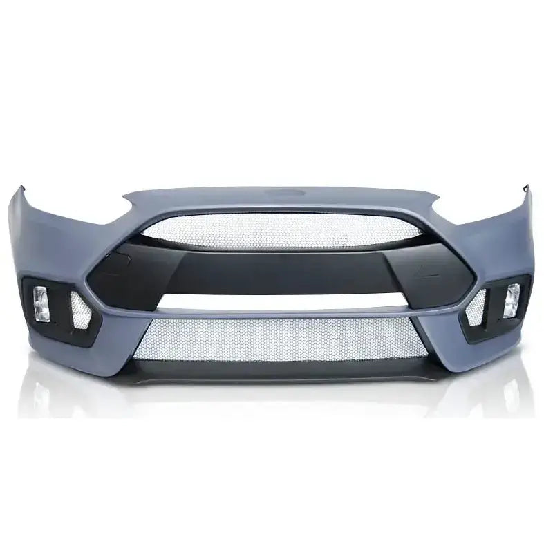 Front bumper til Ford Focus 15-18 Sport RS i matt grå plast med sorte og sølv nettingdetaljer, sett forfra.