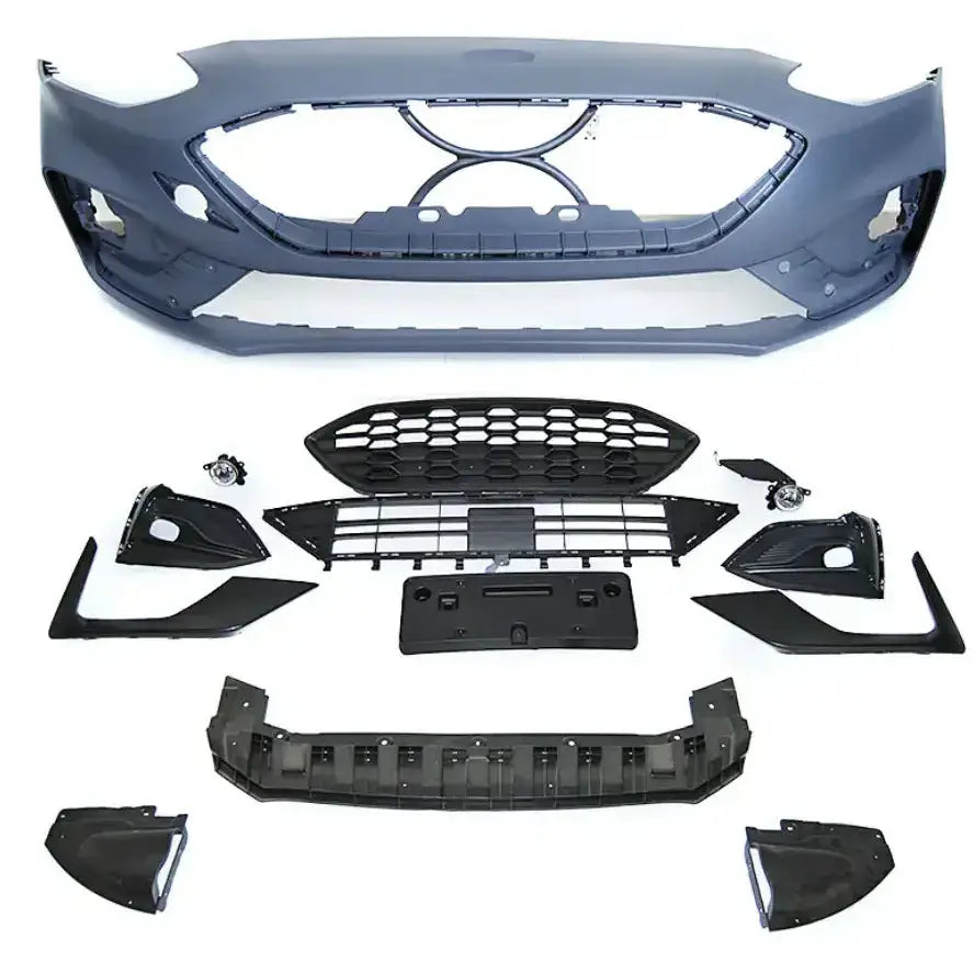 Støtfanger foran Ford Focus 18-21 Sport STL med grill, lykter og monteringsdeler sett ovenfra.