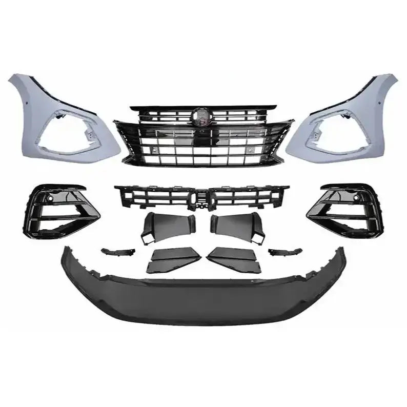Front bumper til Volkswagen Arteon 17- sport med LED, sett ovenfra med alle deler mot hvit bakgrunn.