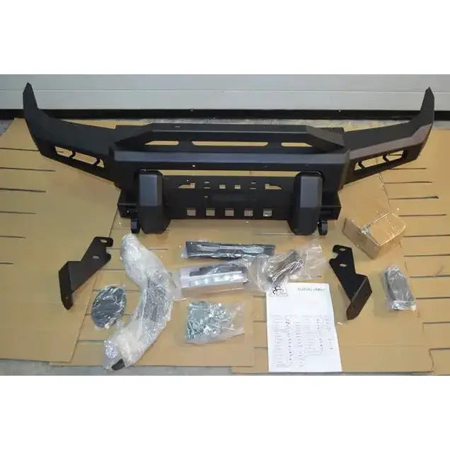 Frontbumper stål til Suzuki Jimny 97-17 med monteringsbraketter og tilbehør sett ovenfra.