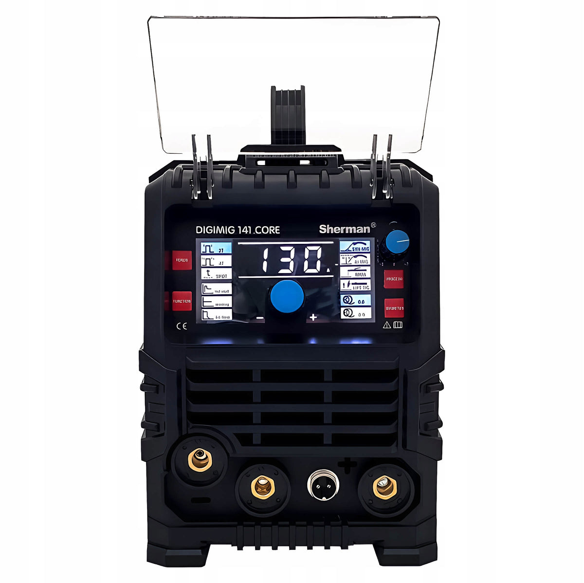 Frontpanel på Sherman DIGIMIG 141 CORE med LED-display, synergisk MIG-styring og valg for MMA og TIG Lift