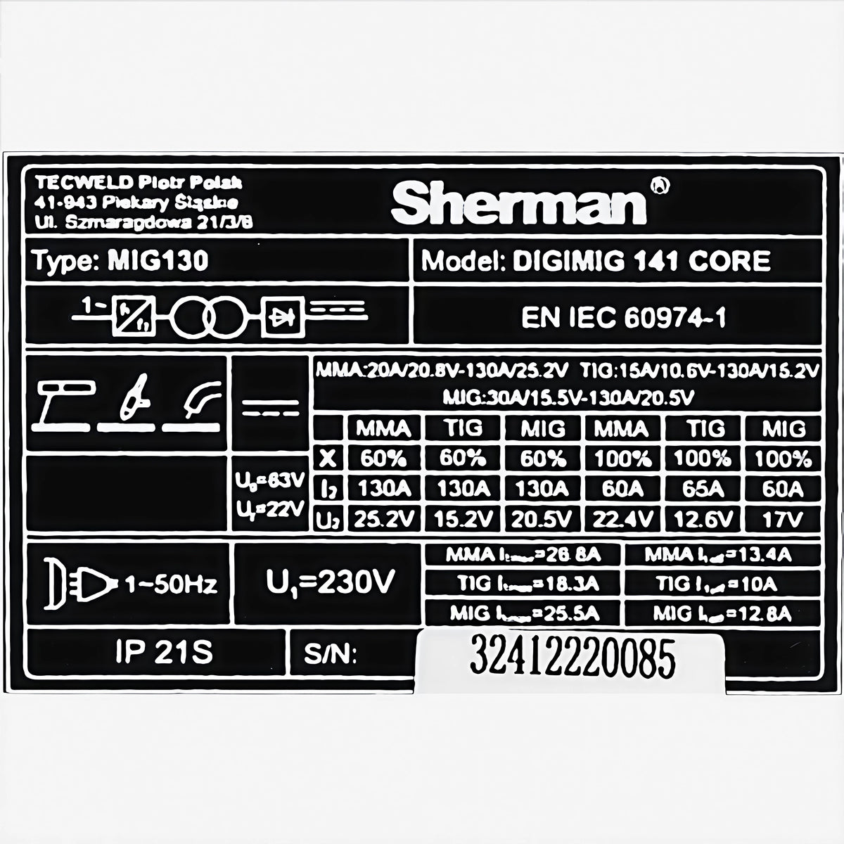 Typeskilt på Sherman DIGIMIG 141 CORE med tekniske data etter EN IEC 60974-1