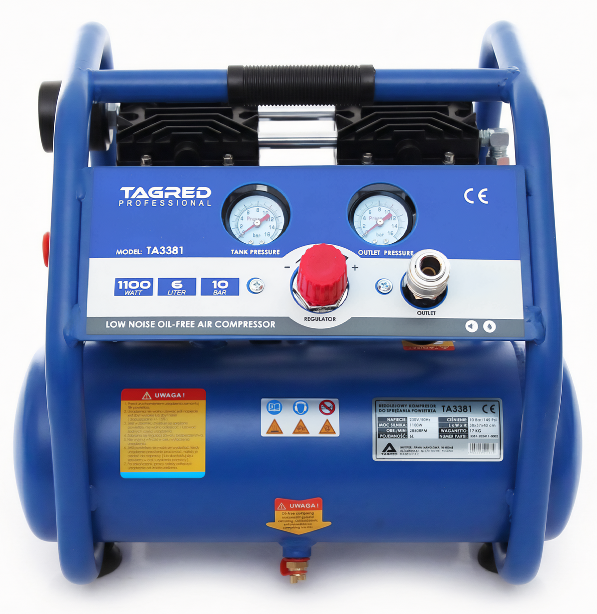 Kompressor Tagred TA3381 sett fra siden med trykkregulator og manometer