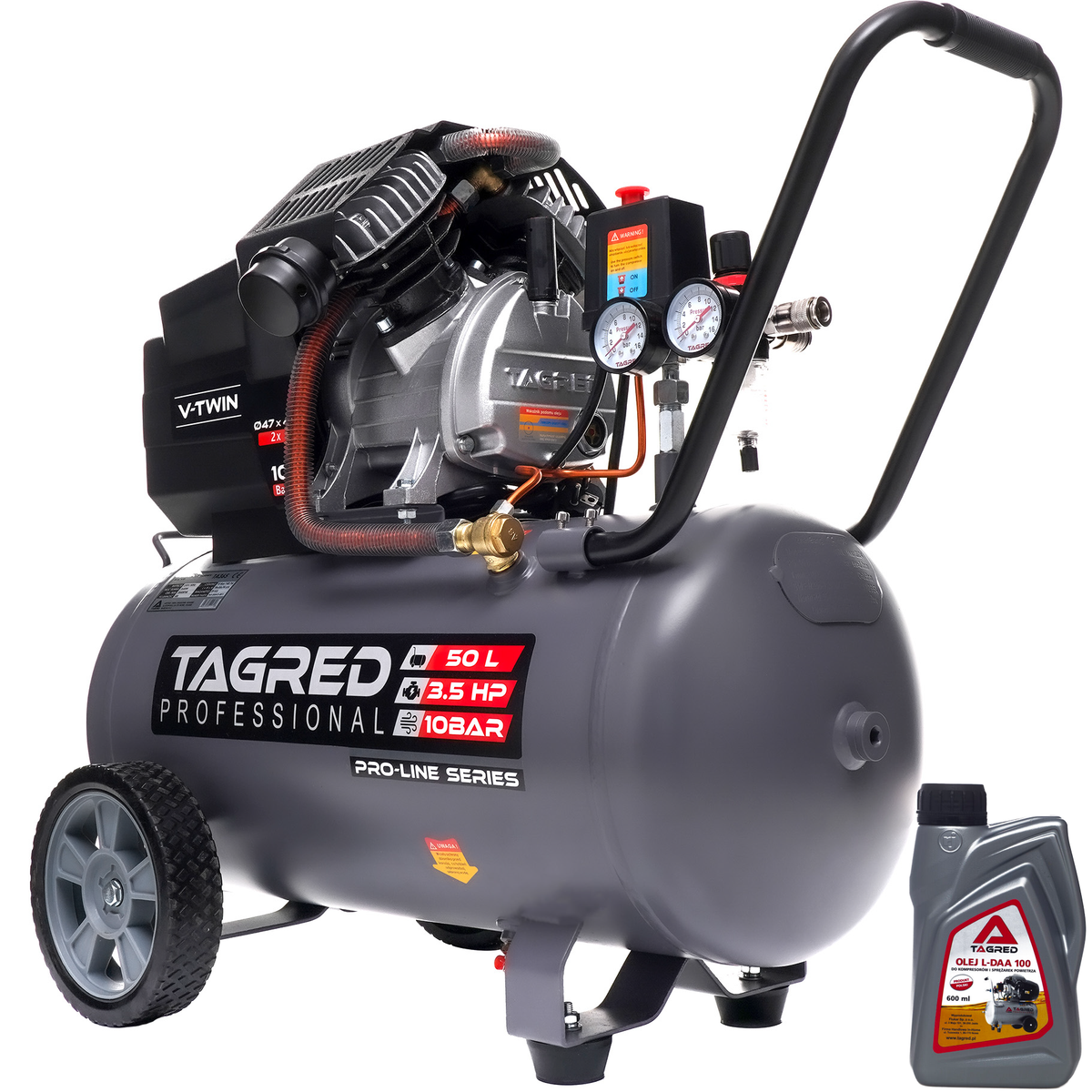 Kompressor Tagred TA365 sett forfra med 50-liters tank og gummihjul