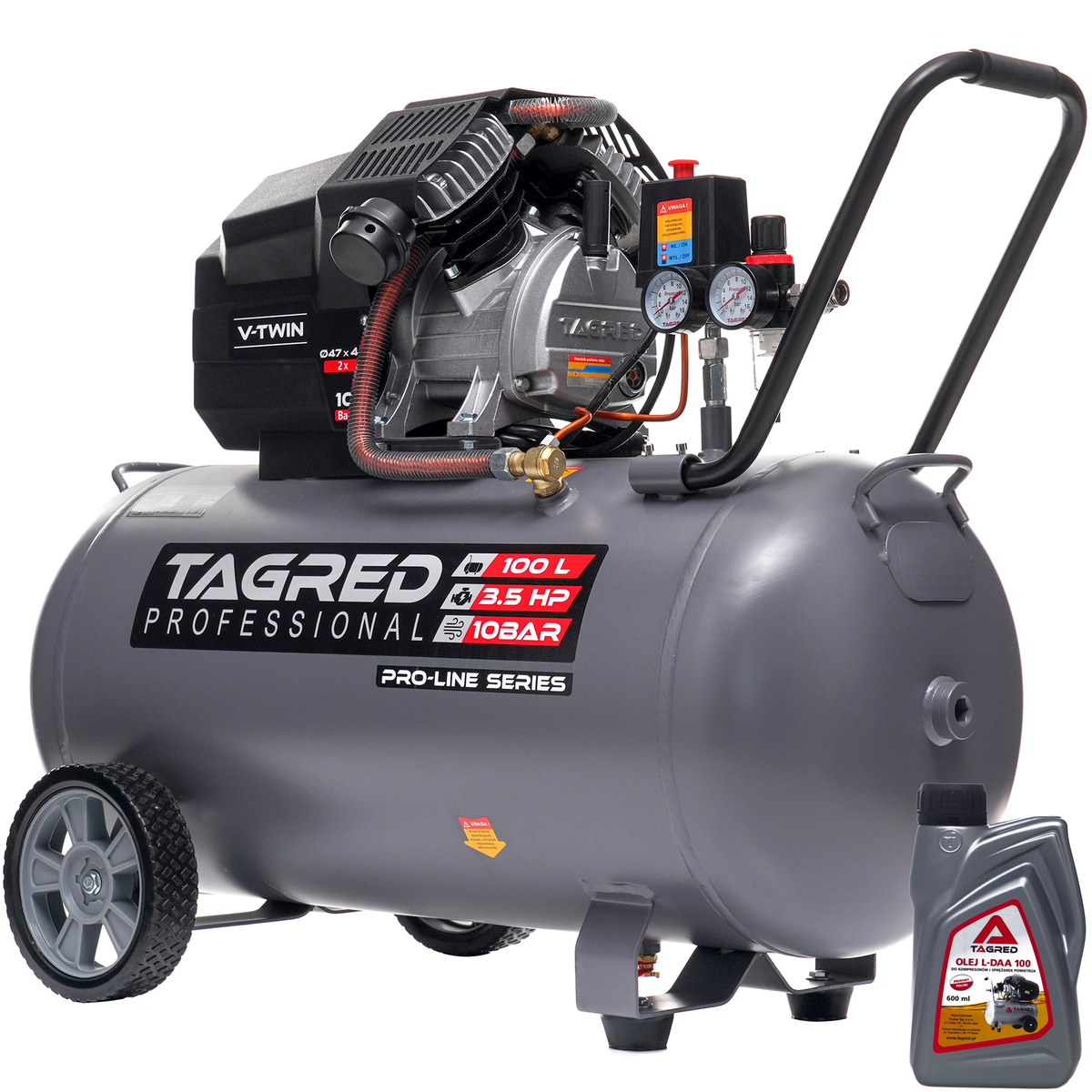 Kompressor Tagred TA366 oljekompressor med 100-liters tank sett forfra