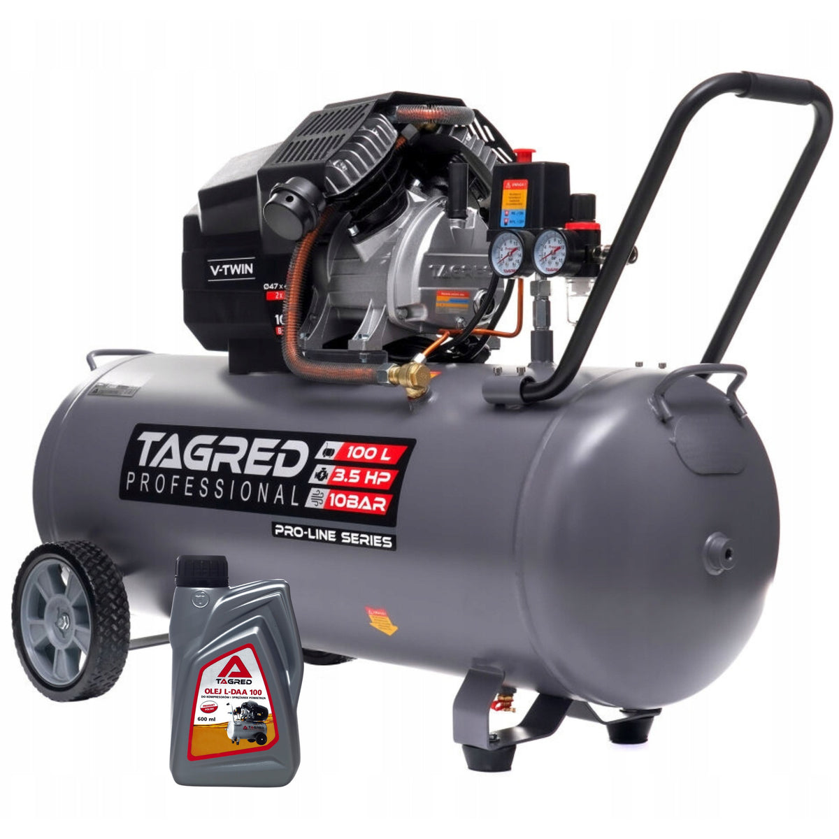 Kompressor Tagred TA367 oljekompressor med 100-liters tank sett forfra