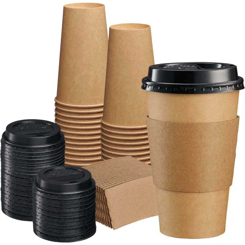 Takeaway Kaffesett Kraft Papirkopper Med Lokk Og Sleeves 400ml 100stk - 1