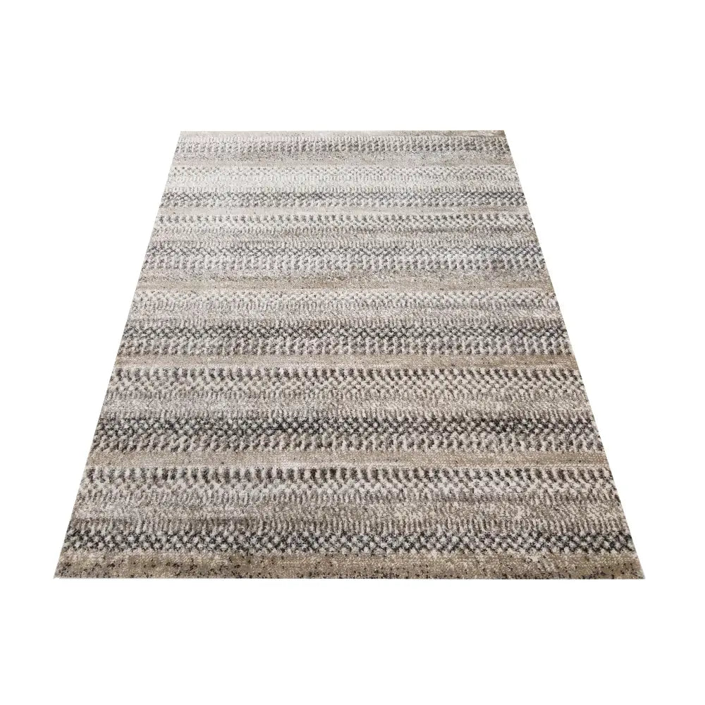 Tepe Moderne Panamero 12, rektangulært beige teppe med grå og hvite striper, sett ovenfra på hvit bakgrunn.