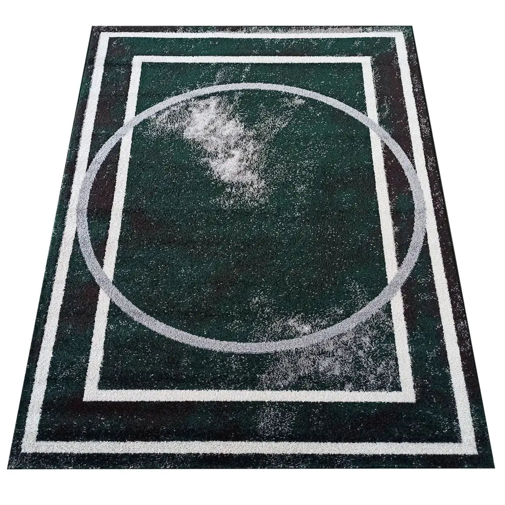 Tepe Otto teppe 200 x 290 cm, mørkegrønn med hvite geometriske linjer og sentral sirkel, sett ovenfra.