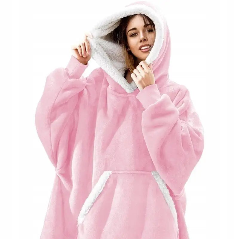 Varm Hettegenser-teppe Oversize 2-i-1 Tykk Xxl Rosa Fleece Teppe-hoodie - 1