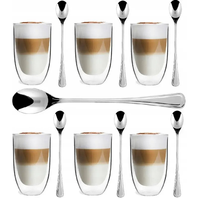 Vialli Sett Med Termiske Doble Vegger Latte Kaffeglass + 6 Amefa Teskjeer - 1
