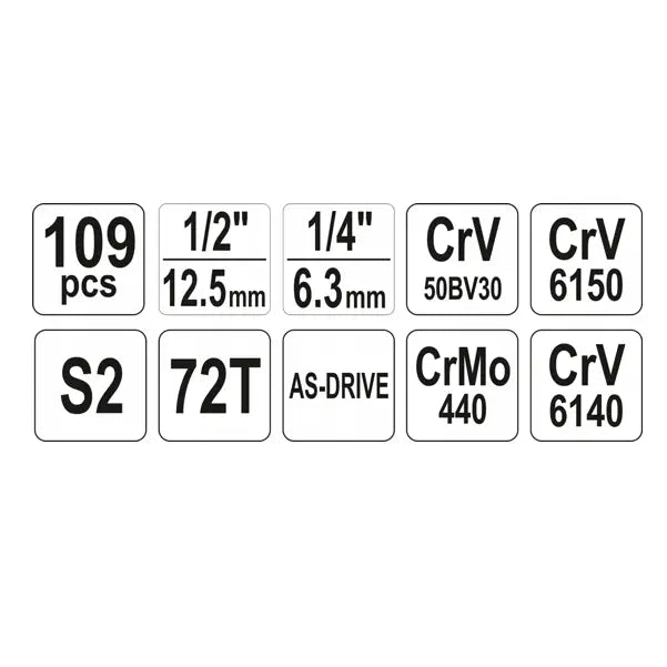 Yato Nøkkelsett 1/2’ / 1/4″ 109 Deler - 5