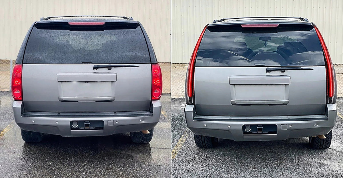 Baklykter GMC Yukon 07-14 i Escalade-stil montert på sølvgrå SUV, før og etter.