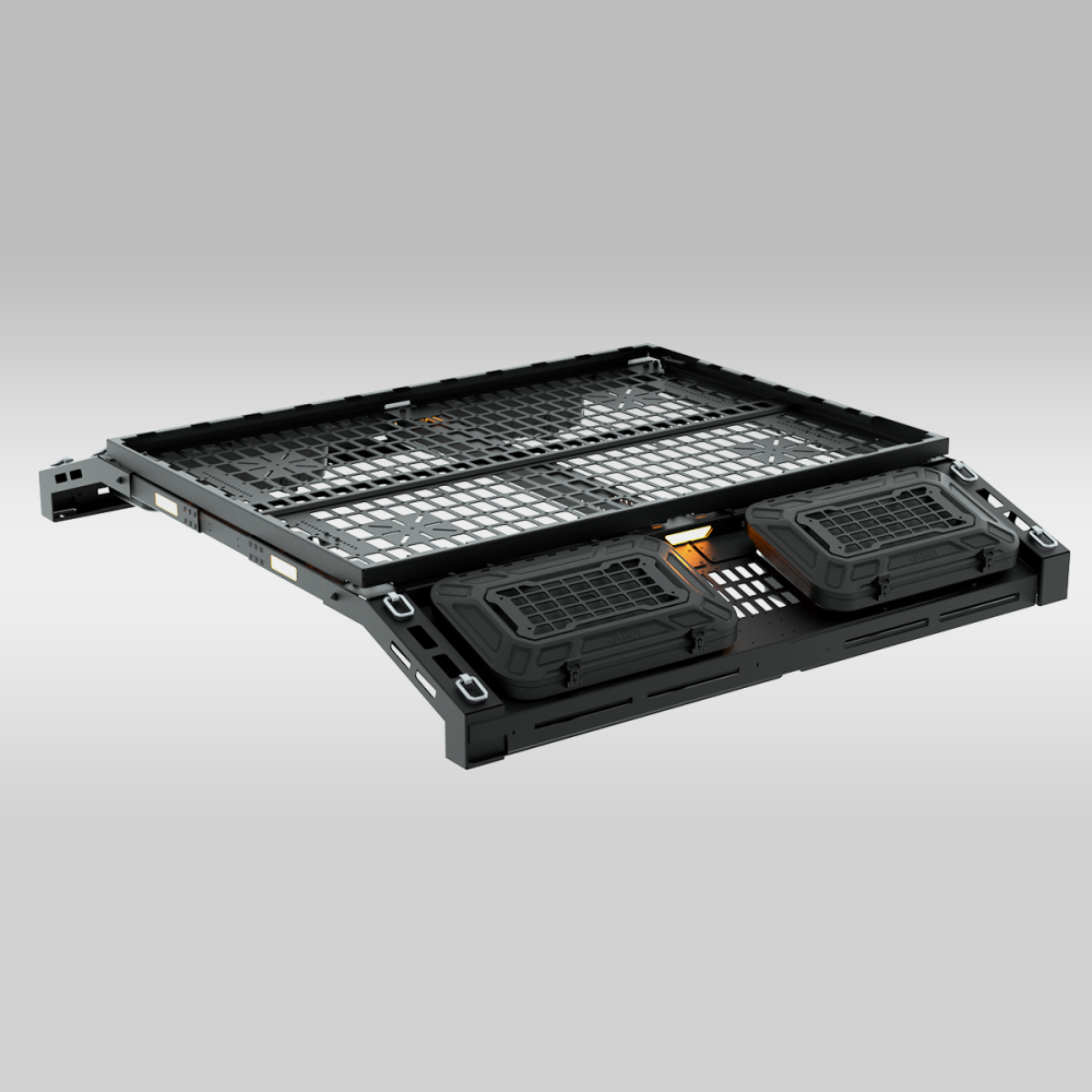 Bed rack til Toyota Hilux 05-15 med fire transportbokser montert på lasteplanet